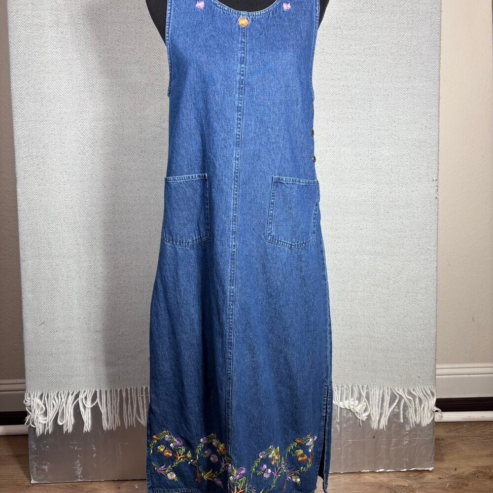 Agapo Blue Denim Sleeveless Maxi Dress Size Small With Embroidered Flowers